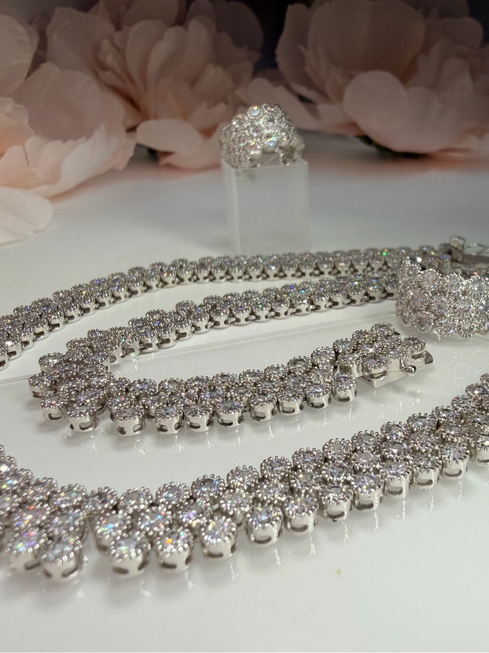 Rhodium Silver Floral Cluster Tennis Necklace and earring Set in Silver